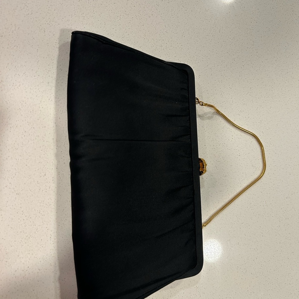 Vintage 1960s Small Black Satin Evening Bag Floral Rhinestone Top Chain Coin - Picture 2 of 6
